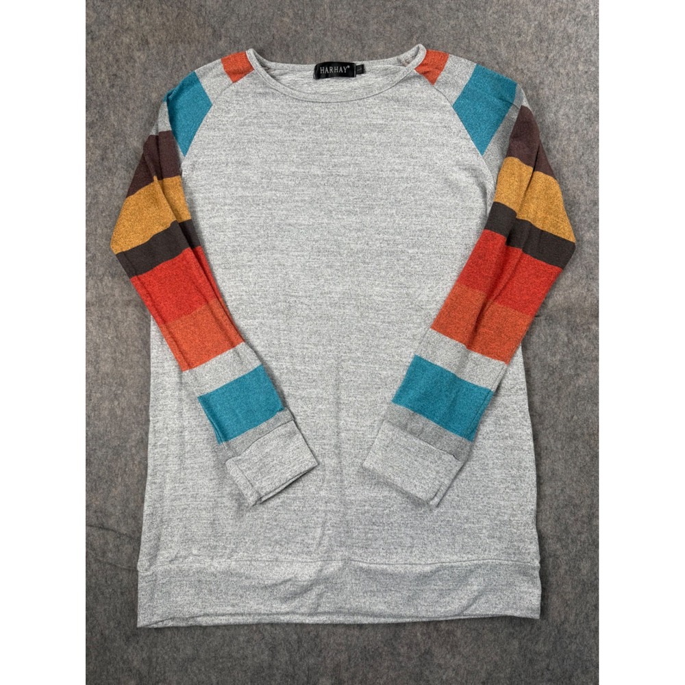 Harhay Women Gray Knit Raglan Top Multi Color Striped Long Sleeve Crew Neck L